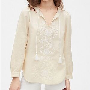 Gap Embroidered Tie-Front long sleeve Top linen cotton blend size large